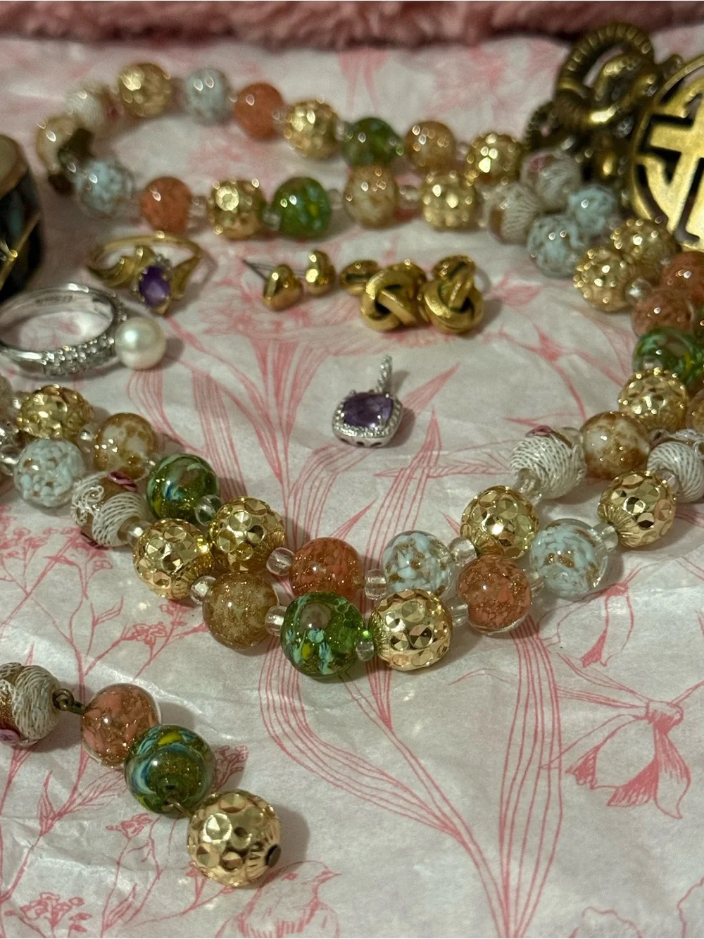 Vintage Rosary Beads(Multicolor Glass & Gold Bead Necklace) Bundle